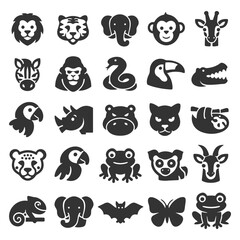 Fototapeta premium Collection of animal silhouettes: lion, elephant, giraffe, monkey, frog, butterfly, crocodile, toucan.