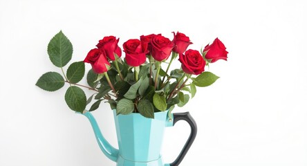 Fototapeta premium Red rose stems arranged in a turquoise coffee pot over a pristine white background