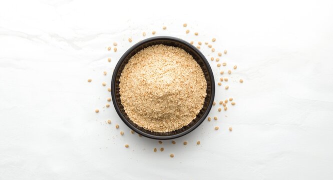Flat lay of dried lentil flour in a black pottery bowl on a white smooth background with copy space