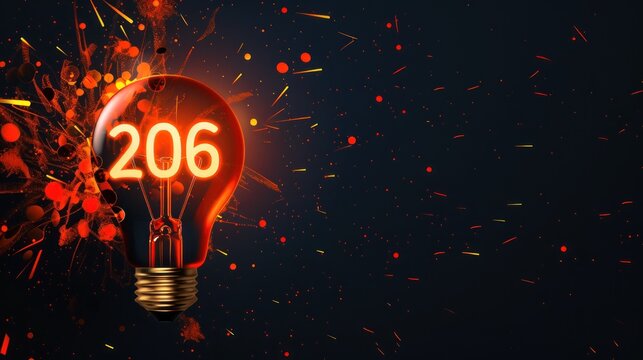 Light Bulb with Number 206 in Bright Red Neon Style on Dark Background with Sparks and Fireworks