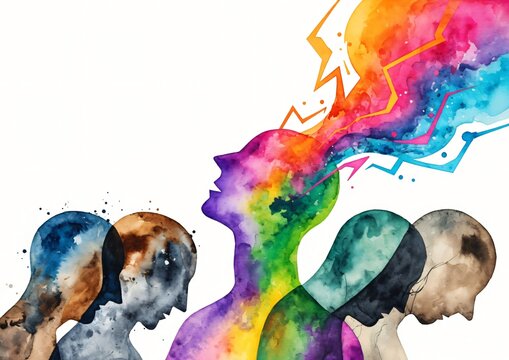 Profili astratti con punto interrogativo e fulmine, concetto di brainstorming