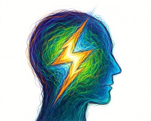 Profilo astratto con fulmine al centro: energia mentale e brainstorming in arte digitale. © Artistic Memory