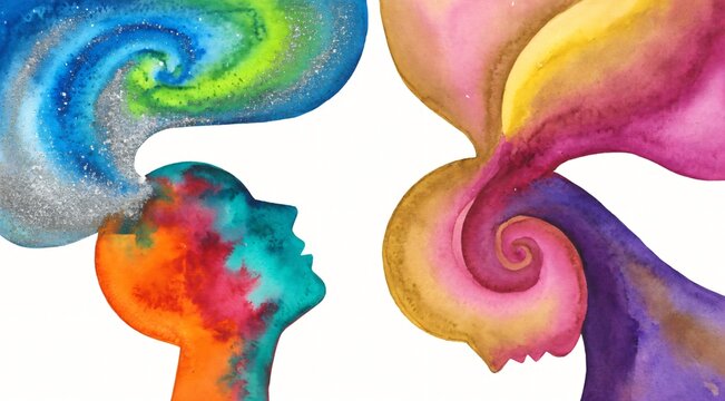 Illustrazione ad acquerello di due profili con pensieri colorati e vorticosi.