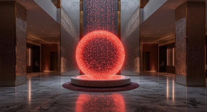 Luxury hotel atrium showcasing a glowing red bokeh circle with textured silver shimmer