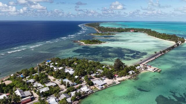 Kiribati South Tarawa Overpopulation Atoll Capital Gilbert Islands Oceania Pacific Thin Strip Aerial Drone 4K
