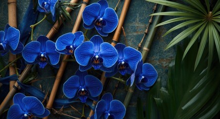 Flat lay image of rich blue orchids combined with bamboo elements and green plant leaves © NeuralNiche