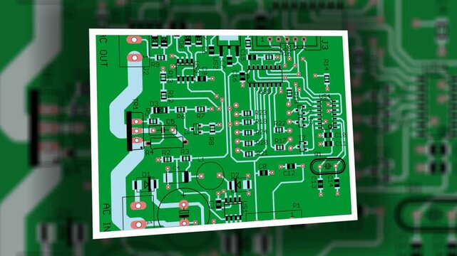 Video animation with printed circuit board of electronic 
device, components of radio elements, 
conductors, contact pads placed on pcb. 
Engineering drawing. Computer technic cad design, 
screensaver