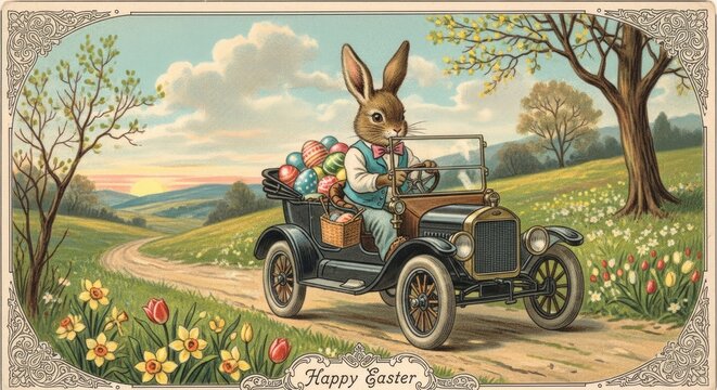 Easter day celebration with easter egg bunny in vintage car
