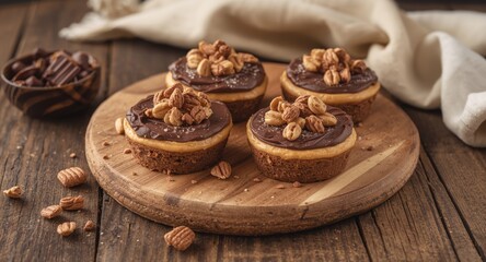 Fototapeta premium Handmade peanut butter and chocolate desserts placed on wooden board