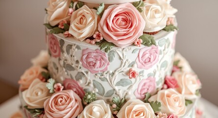 Obraz premium Romantic cupcake tower styled with intricate blooms and gentle pastel rose patterns