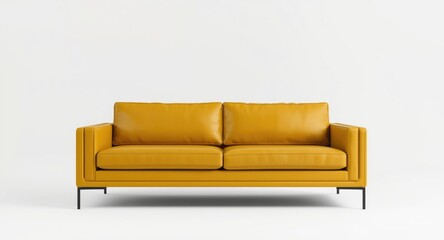 Fototapeta premium Modern yellow leather sofa on clean white backdrop with front view