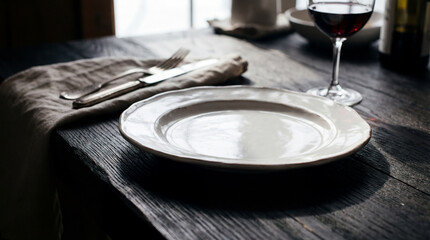 Dark Wooden Table with Plate, Wine, and Silverware