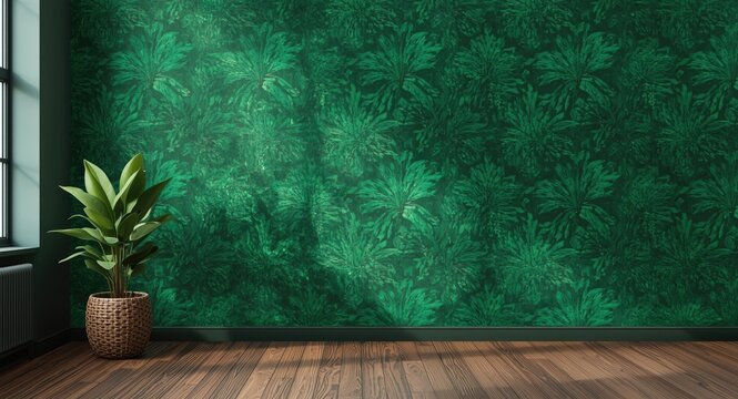 Modern interior setting featuring vibrant green wallpaper and design concept