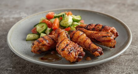 Fototapeta premium Grilled chicken wings paired with colorful vegetable salad of cucumbers tomatoes and bell peppers on a modern plate