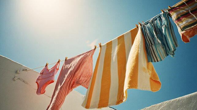 casual summer laundry scene, a few colorful clothes and swimsuits hanging on a clothesline, towels with stripes fluttering gently in the breeze against a clear blue sky, Mediterranean summer vibe