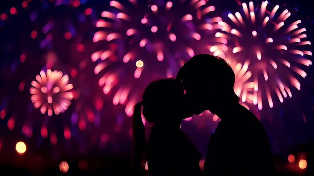 Lovely couple romantic moment. Valentines Day. Two silhouetted figures, likely a couple, embracing and kissing in front of a vibrant display of fireworks. The fireworks display a range of colors.