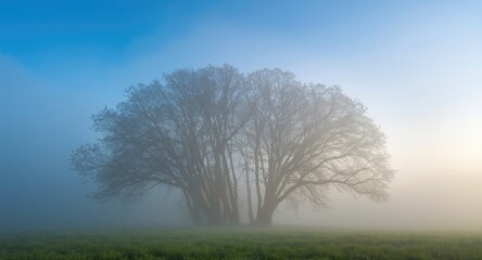 Fototapeta premium Mist edged forest trees with a sharp azure sky overhead
