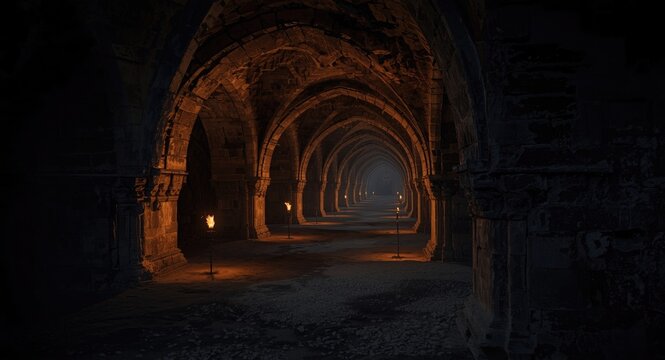 Mysterious endless medieval vaults glowing softly with torchlight and mystical nightmare vibe