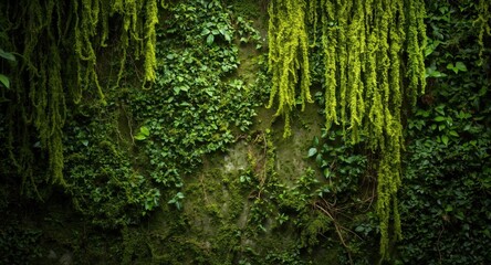 Obraz premium Moss textured green wall with trailing Spanish moss for a tropical vibe