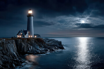 Obraz premium Lighthouse on Rocky Coast at Night Under Moonlit Sky