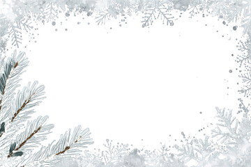 Obraz premium Winter christmas frame with frosted pine branches and snowflakes. Transparent background for holiday greeting cards