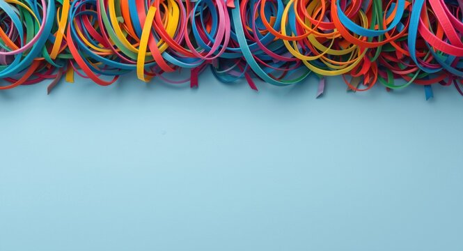 Crafting scene featuring stacked rubber bands in vivid colors and textured layers on flat ground