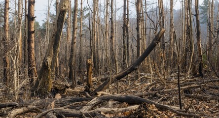 Obraz premium Shriveled tree trunks standing in a fire ravaged forest