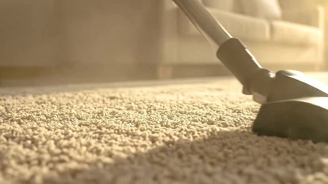 A vacuum cleaner head is actively cleaning a f carpet, removing dust and dirt.