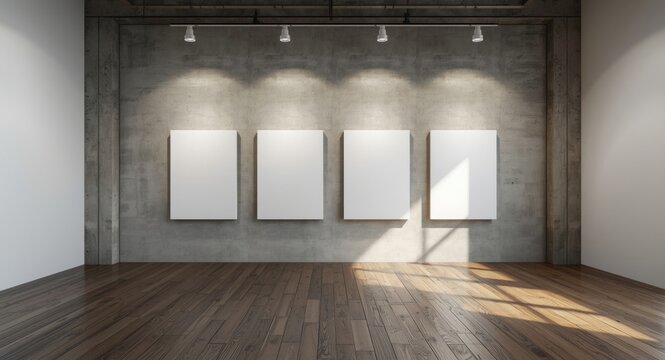 Interior scene of white canvases aligned on a solid concrete wall paired with antique hardwood floors and ambient IES lighting