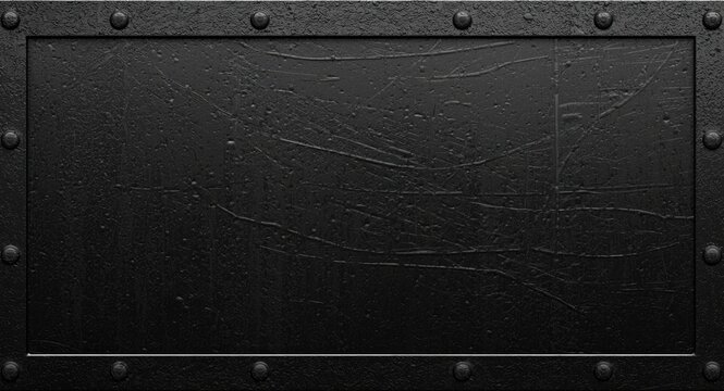 Close up of rivet bordered black steel plate exhibiting grunge dark metal texture including blank space for background