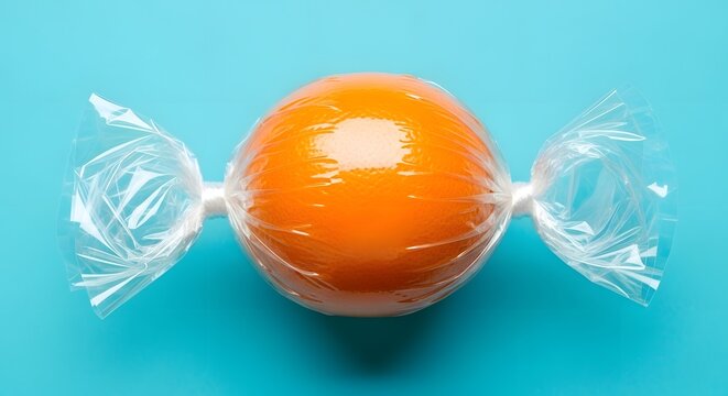 A single orange candy wrapped in clear plastic on blue background