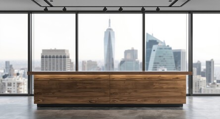 Fototapeta premium Empty retail counter featuring minimalist style and out of focus urban skyline for branding