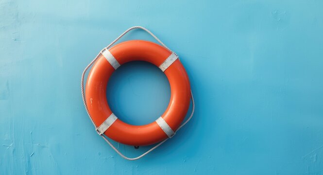 Life buoy mounted on a sky blue wall with AI artistic creation