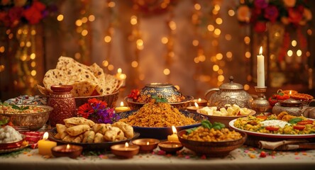Naklejka premium Indian Diwali holiday spread of traditional cuisine naan samosas rice paneer and sweets with floral and candle decor