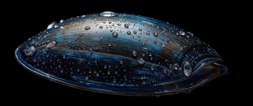 Detailed close view of Perna Canaliculus mussel shell shining with blue iridescent hues and water droplets on a dark base