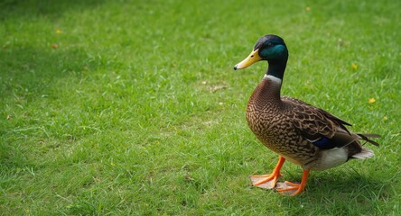 Obraz premium Excited duck pet participating in festive carnival game on bright green summer lawn