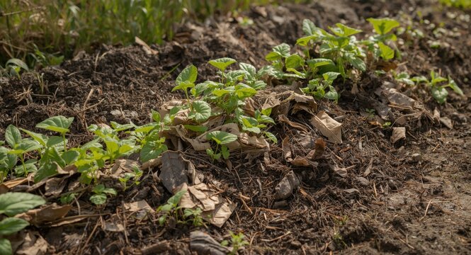 Organic waste composting windrows transforming into nutrient rich fertilizer