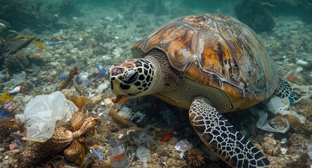 Obraz premium Marine plastic pollution leading to ingestion of harmful waste by sea turtles