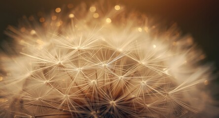 Obraz premium Macro focus on delicate dandelion seed details with warm toned bokeh backdrop