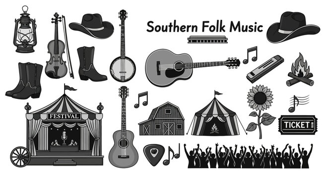 Creative Bluegrass Festival Icon Set With Musical Instruments And Country Music Culture Design Elements