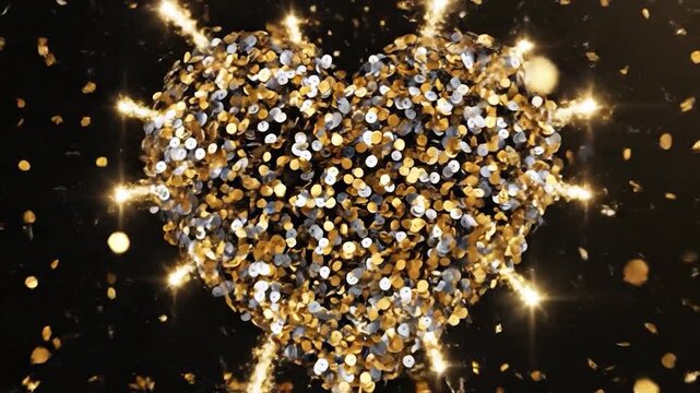 Sparkling heart shape made of confetti explodes into glittering particles
