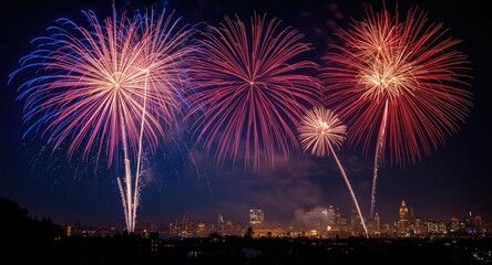 Naklejka premium Greeting card panorama design with lively red white and blue fireworks celebration