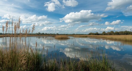 Obraz premium Peaceful natural scene with calm lakes and tall reeds under expansive blue sky and white clouds
