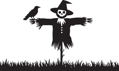 Fototapeta premium Black scarecrow with skull face and bird on hand in grass