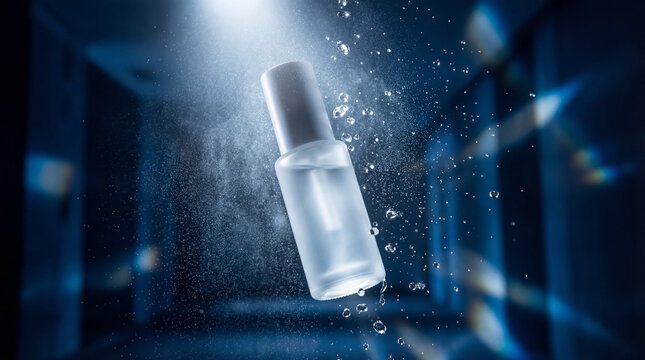 Cosmetic spray bottle with water droplets and texture background