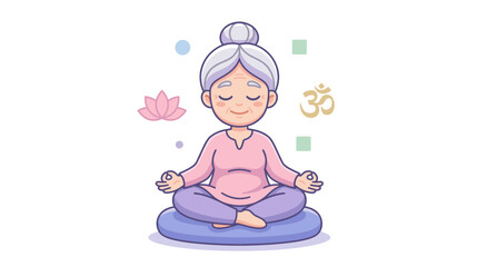 Fototapeta premium Elderly woman meditating peacefully on cushion with lotus flower 