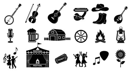 Obraz premium Detailed Bluegrass Festival Icon Set With Acoustic Instruments And Live Concert Scene Design Elements