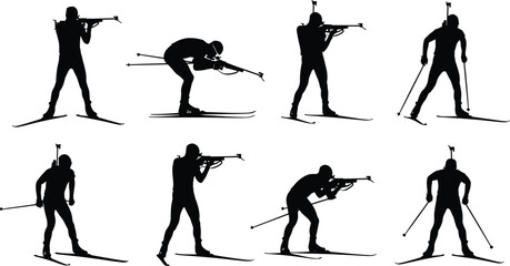 Biathlon athlete silhouettes vector set featuring cross country skiing and rifle shooting winter sport competitors isolated dynamic action figures © Md
