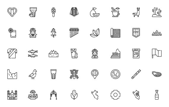 Peru icon set. Vector symbols of Machu Picchu, llama, ceviche, flag, Inca, Nazca lines, quinoa, chullo, and more. Editable thin line illustrations.
