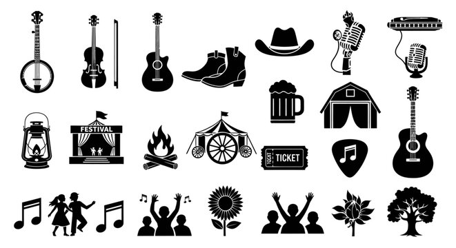 Vintage Rustic Bluegrass Music Icon Pack Featuring Barn Dance Festival Instruments And Traditional Country Culture Elements